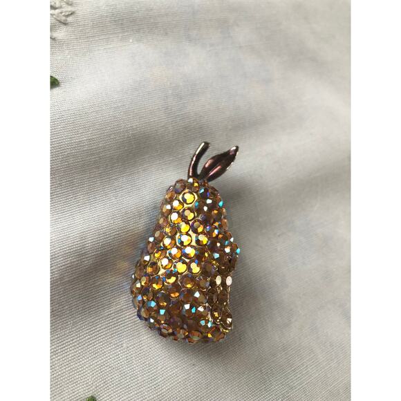 Suzanne Bjontegard Vintage Retro Brooch Pin Pear Fruit Crystals Lapel Gold - Picture 2 of 7
